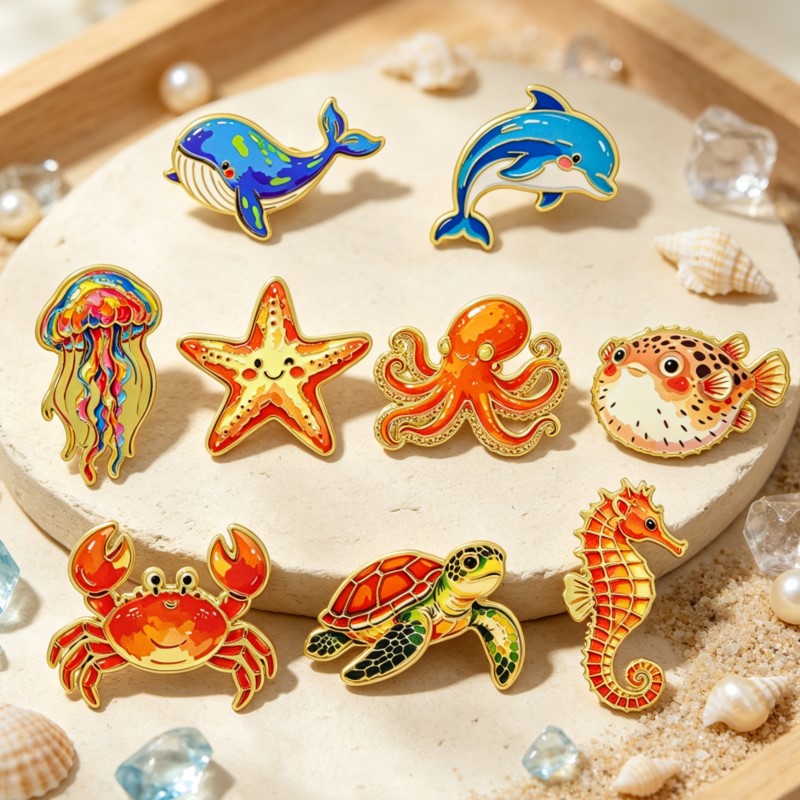 Enamel Pin Set - Canlı Okyanus Hayvanı Emaye Rozeti, Sevimli
