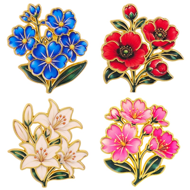 Enamel Pin Set - Sevimli Vintage Renkli Çiçekli Emaye Pin