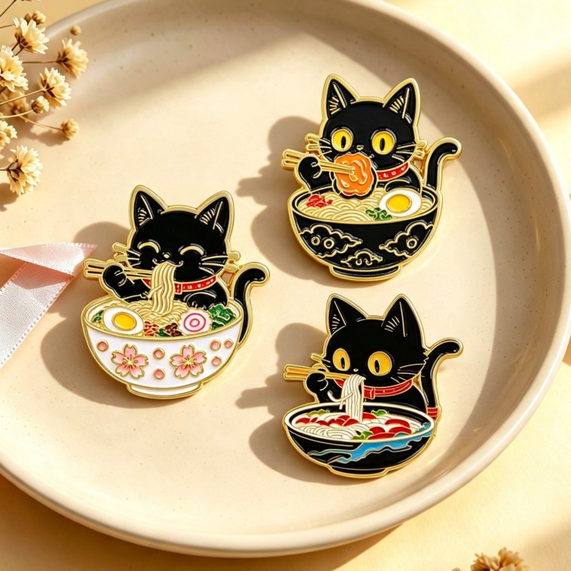 Enamel Pin Set - Erişte Yiyen Sevimli Siyah Kedi Emaye